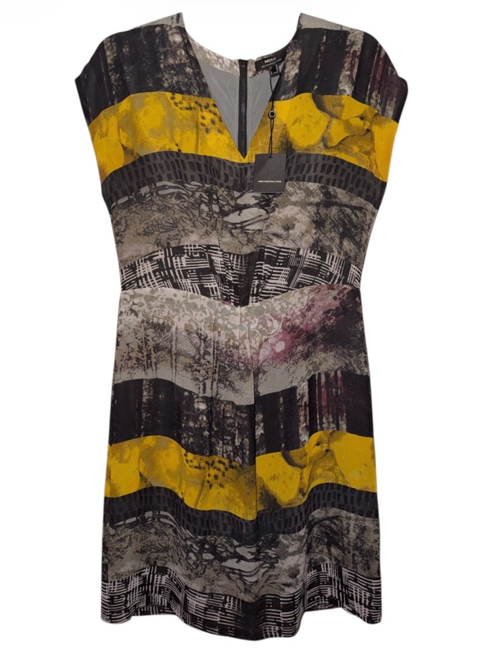 NWT Mexx Short Sleeve Grey Abstract Stripe V-Neck Dress w Yellow Accents